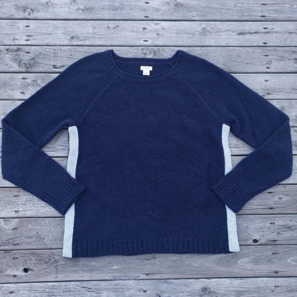 J. Crew navy wool blend crew neck sweater silver stripe